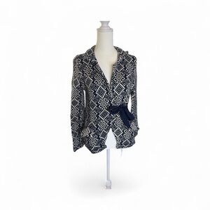 Lely Wood Women’s Cardigan Sweater Jacket Blue White Geometric Knit Tie Belt M